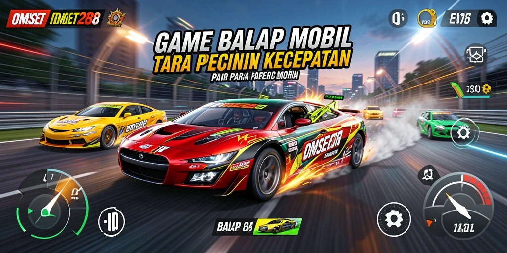 Screenshot utama OMSET288 menampilkan aksi balap mobil yang mendebarkan.