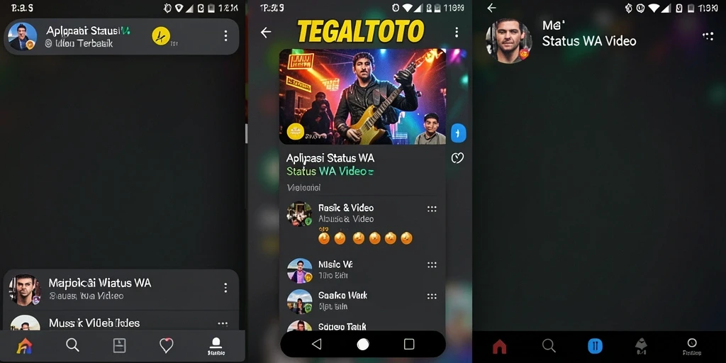 Antarmuka TEGALTOTO menampilkan koleksi video musik untuk status WA.